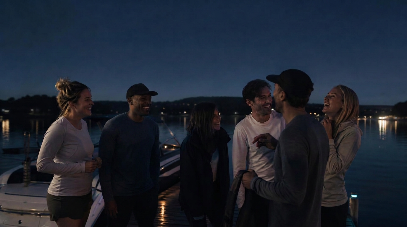 A group of friends together at night wearing illuminated gear
