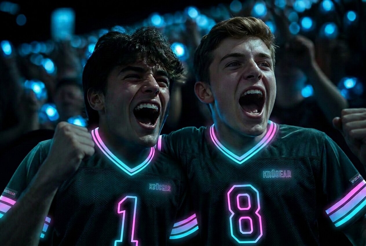 Two friends in the stands screaming and celebrating together, arms around each other, wearing jerseys with integrated cyan illumination