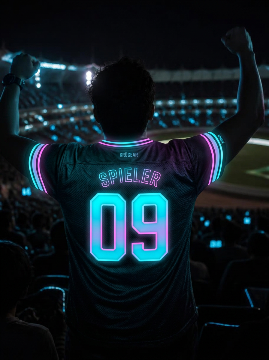 A fan seen from behind with arms raised, wearing a jersey with a glowing cyan number on the back