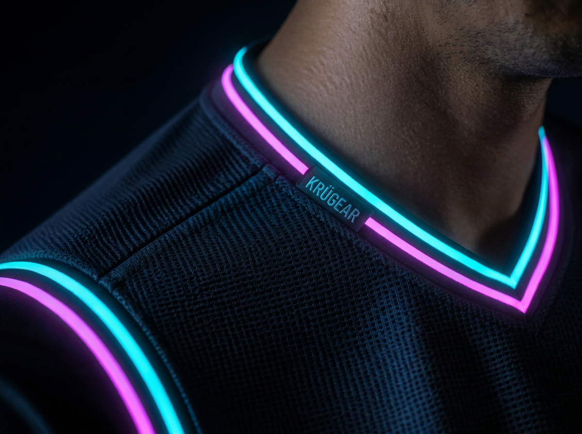 Macro detail of a jersey neckline and shoulder seam with integrated cyan and magenta light piping