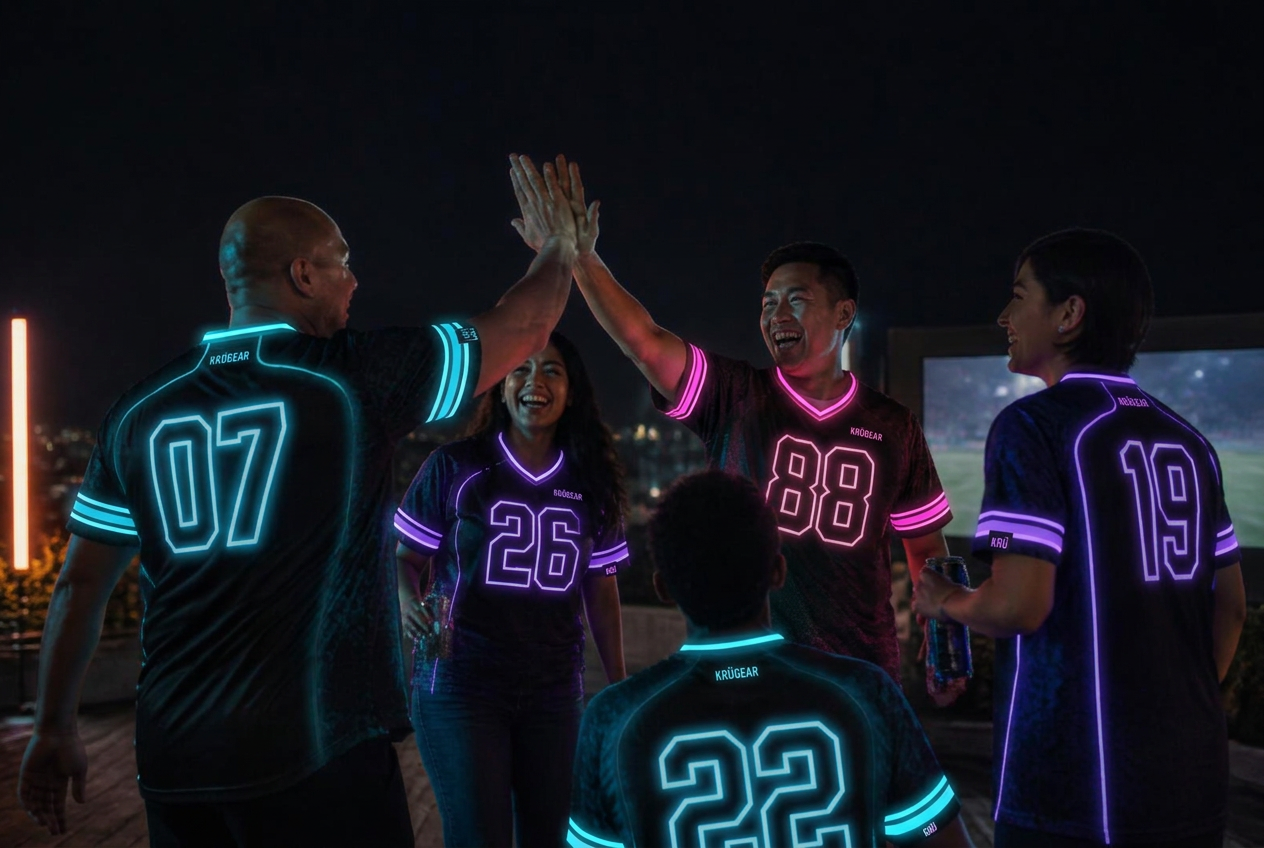 A group of friends at a night watch party jumping and high-fiving in jerseys illuminated in cyan, magenta and purple with custom numbers