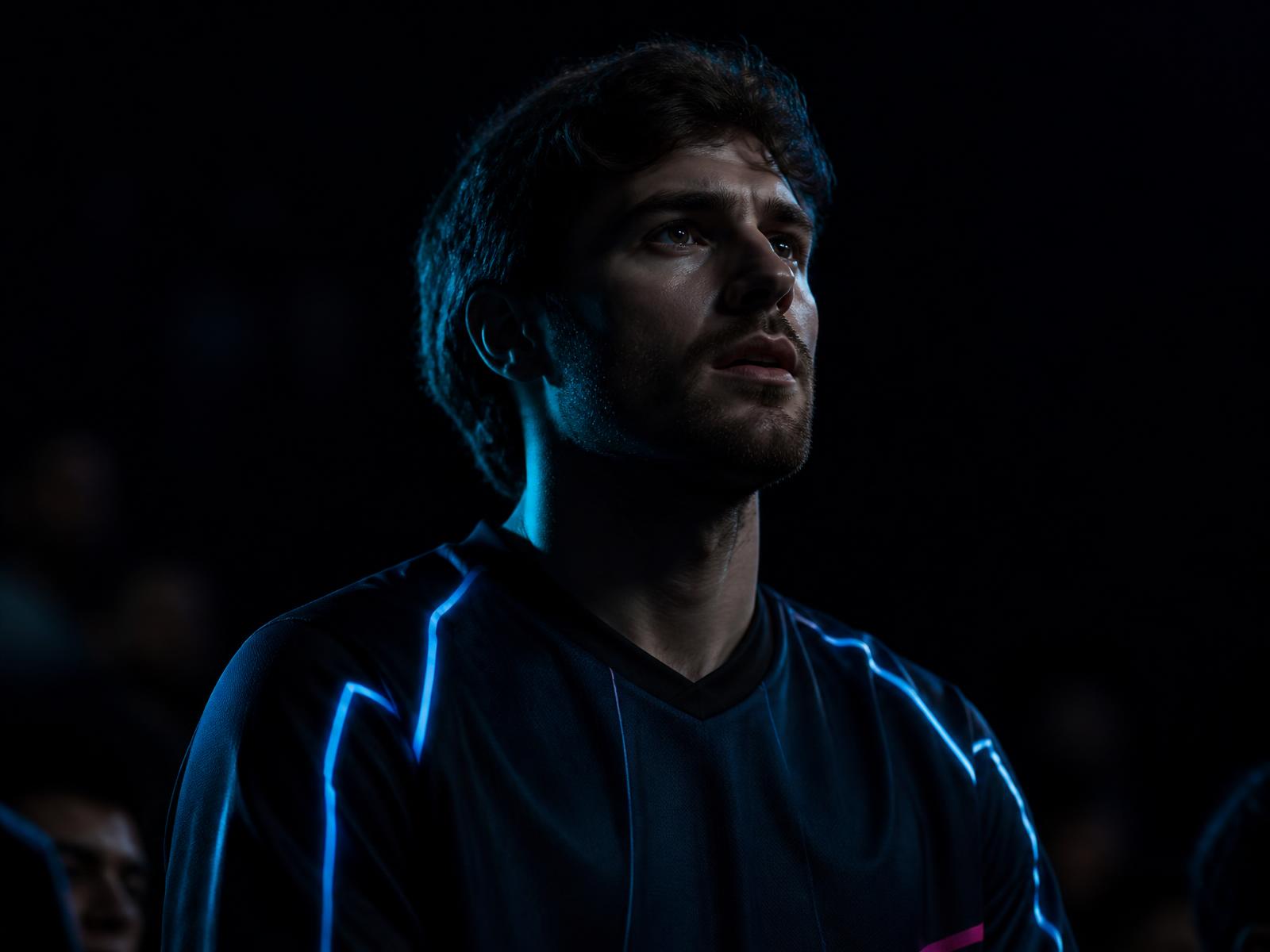 A single fan in the stands wearing a KRÜGEAR jersey with integrated cyan illumination
