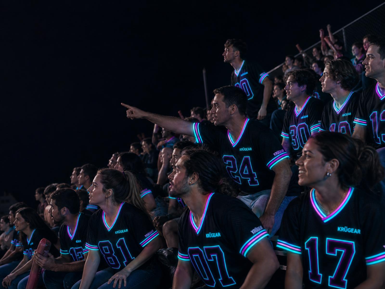 A small group of fans seated together, each jersey lit with cyan illumination